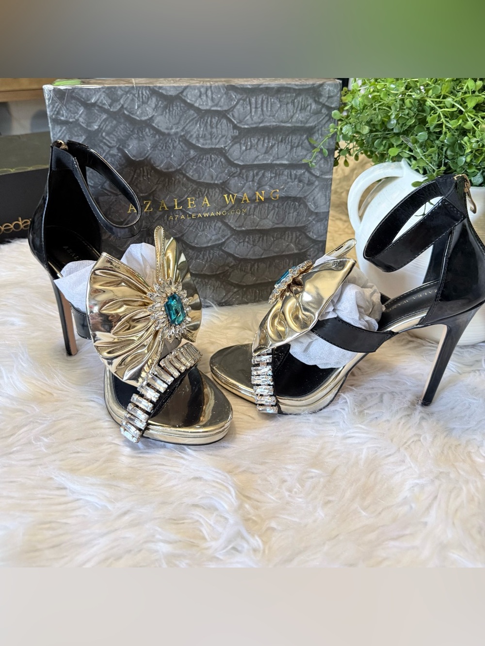 Azalea Wang Black Patent Heeled Sandals with Silver Jeweled Flower Accent